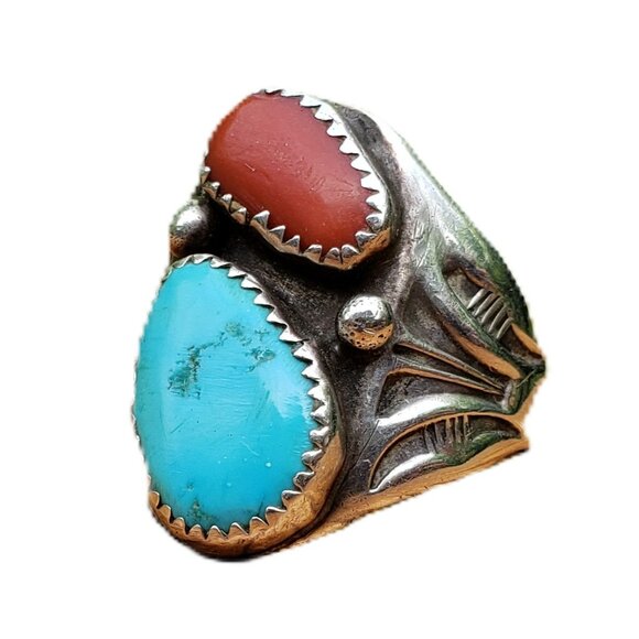 Vintage NA Turquoise Coral Native American Sterling Silver Ring Signed AR RR - Picture 2 of 15